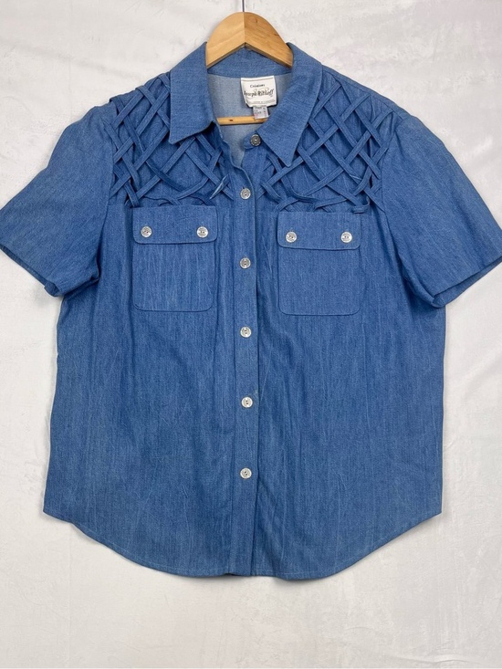 Joseph Ribkoff Vintage Chambray Lattice Detail Button-Up Shirt Jacket Size 14